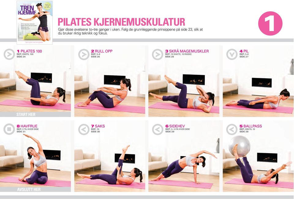 1 PILATES 100 REP: INNTIL 100 SIDE 24 2 RULL OPP REP: 5 8 SIDE 25 3 SKRÅ MAGEMUSKLER REP: 10 SAKTE, 10 RASKE