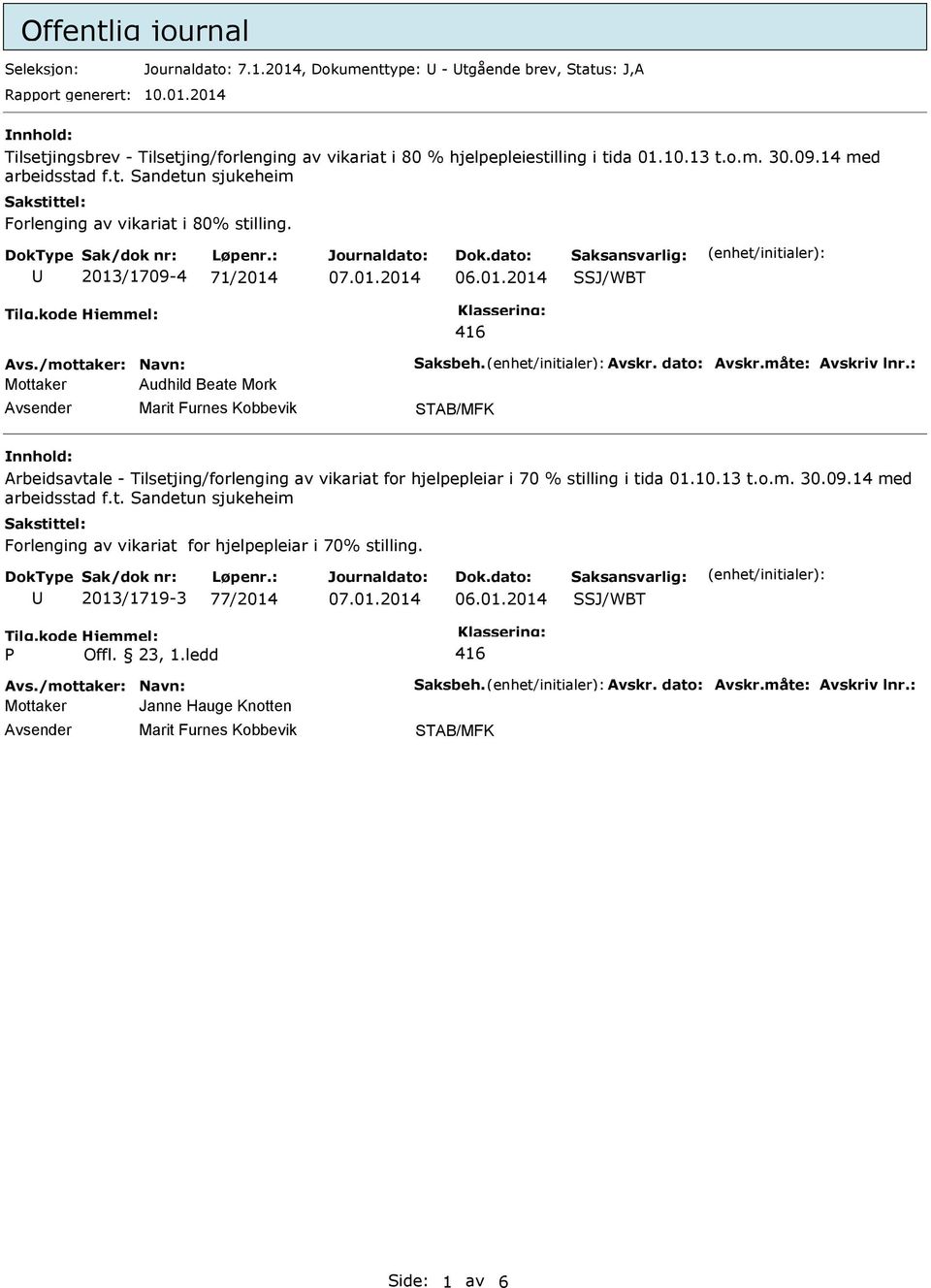 : Audhild Beate Mork Marit Furnes Kobbevik STAB/MFK Arbeidsavtale - Tilsetjing/forlenging av vikariat for hjelpepleiar i 70 % stilling i tida 01.10.13 t.o.m. 30.09.14 med arbeidsstad f.t. Sandetun sjukeheim Forlenging av vikariat for hjelpepleiar i 70% stilling.