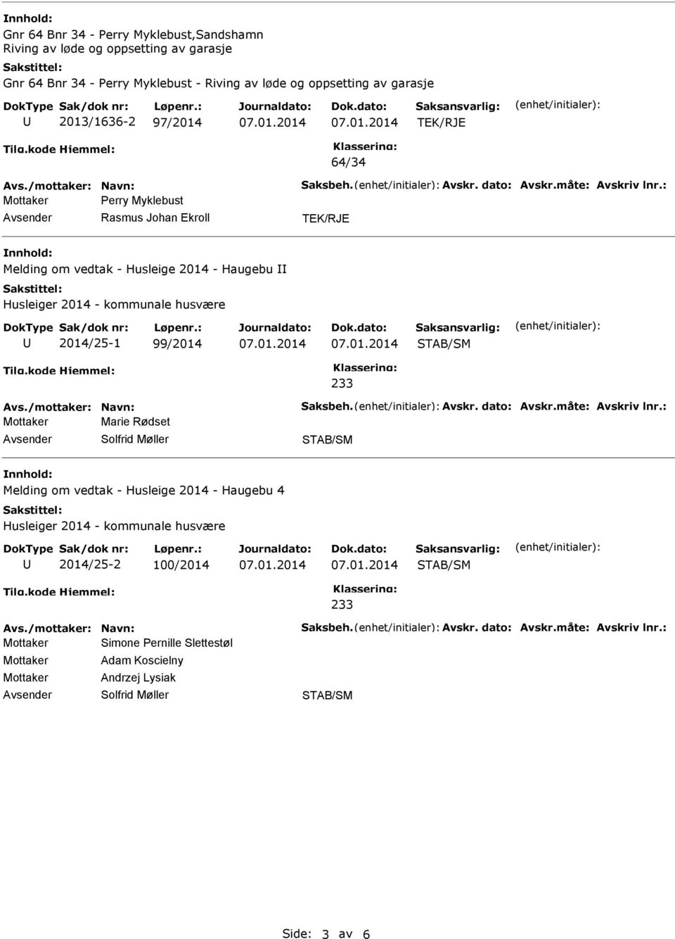 : Perry Myklebust Rasmus Johan Ekroll TEK/RJE Melding om vedtak - Husleige 2014 - Haugebu II 2014/25-1 99/2014 Avs./mottaker: Navn: Saksbeh. Avskr. dato: Avskr.