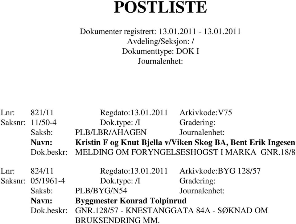 beskr: MELDING OM FORYNGELSESHOGST I MARKA GNR.18/8 Lnr: 824/11 Regdato:13.01.