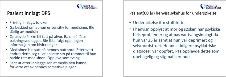 Opplevd som tvang Fant ut etter innleggelsen at medisinen kunne forverre ett av hennes somatiske plager Pasient(60 år) henvist sykehus for undersøkelse Undersøkelse ifm stoffskifte.