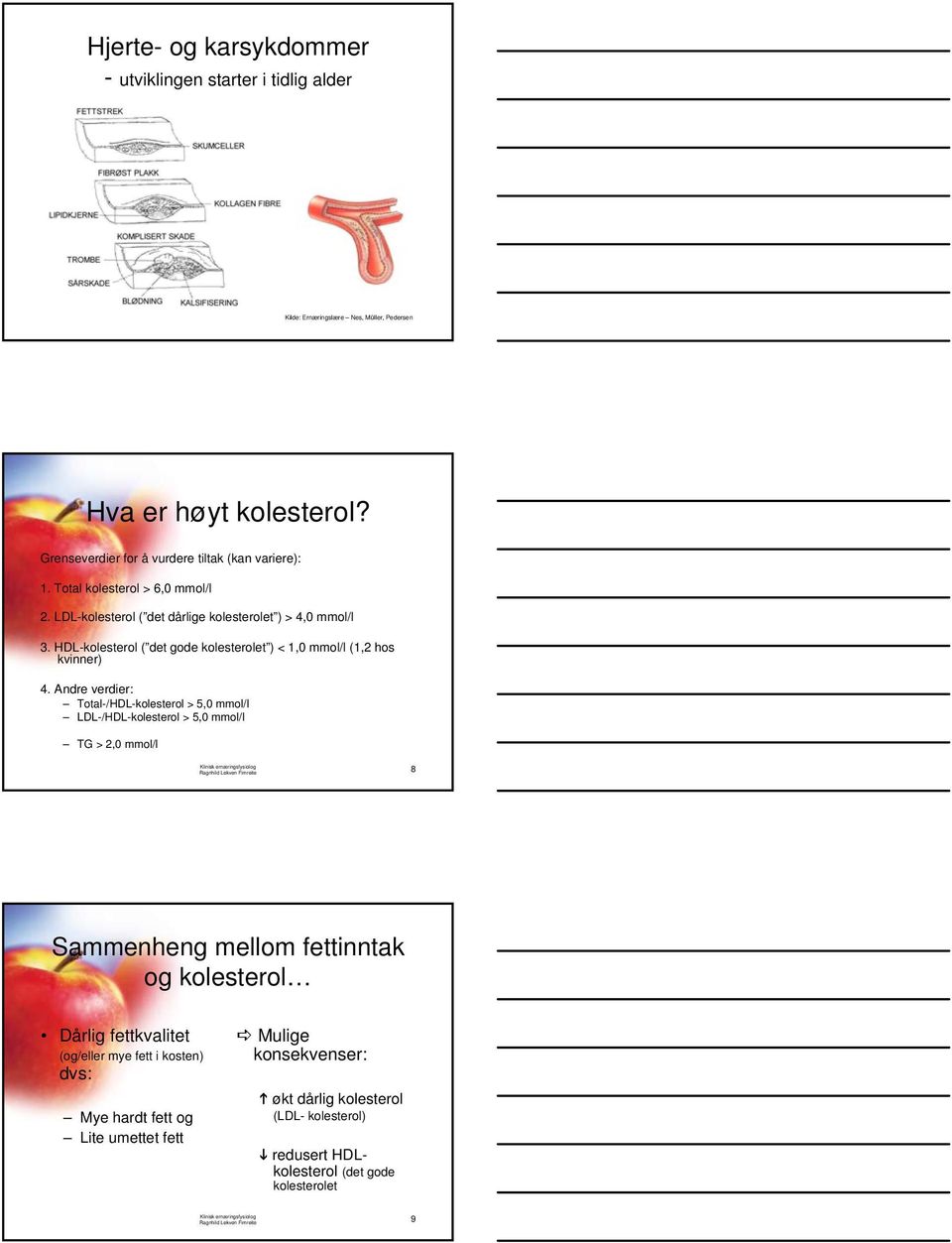 Andre verdier: Total-/HDL-kolesterol > 5,0 mmol/l LDL-/HDL-kolesterol > 5,0 mmol/l TG > 2,0 mmol/l Ragnhild Lekven Fimreite 8 Sammenheng mellom fettinntak og kolesterol Dårlig