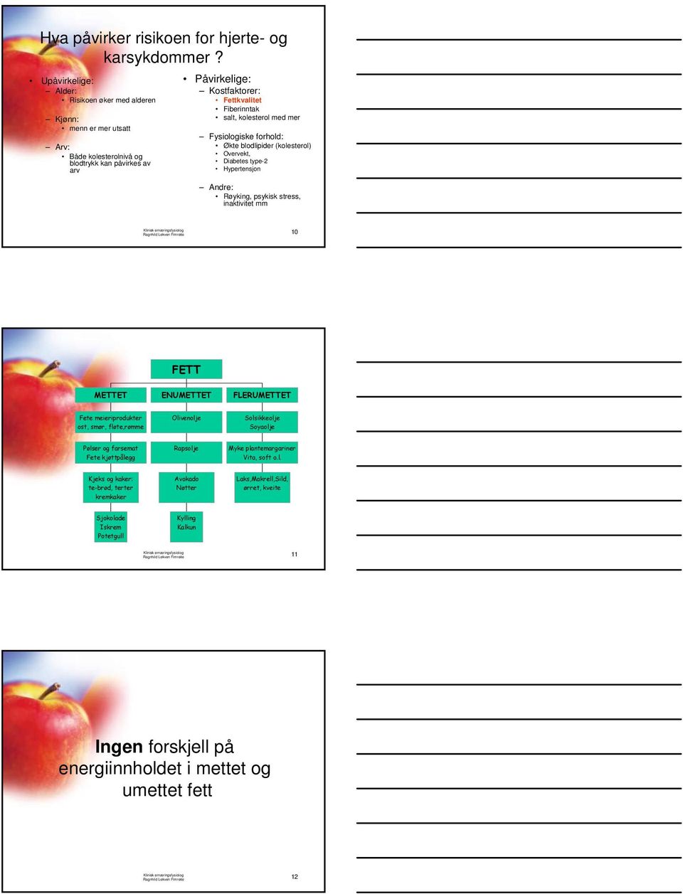 med mer Fysiologiske forhold: Økte blodlipider (kolesterol) Overvekt, Diabetes type-2 Hypertensjon Andre: Røyking, psykisk stress, inaktivitet mm Ragnhild Lekven Fimreite 10 FETT METTET ENUMETTET