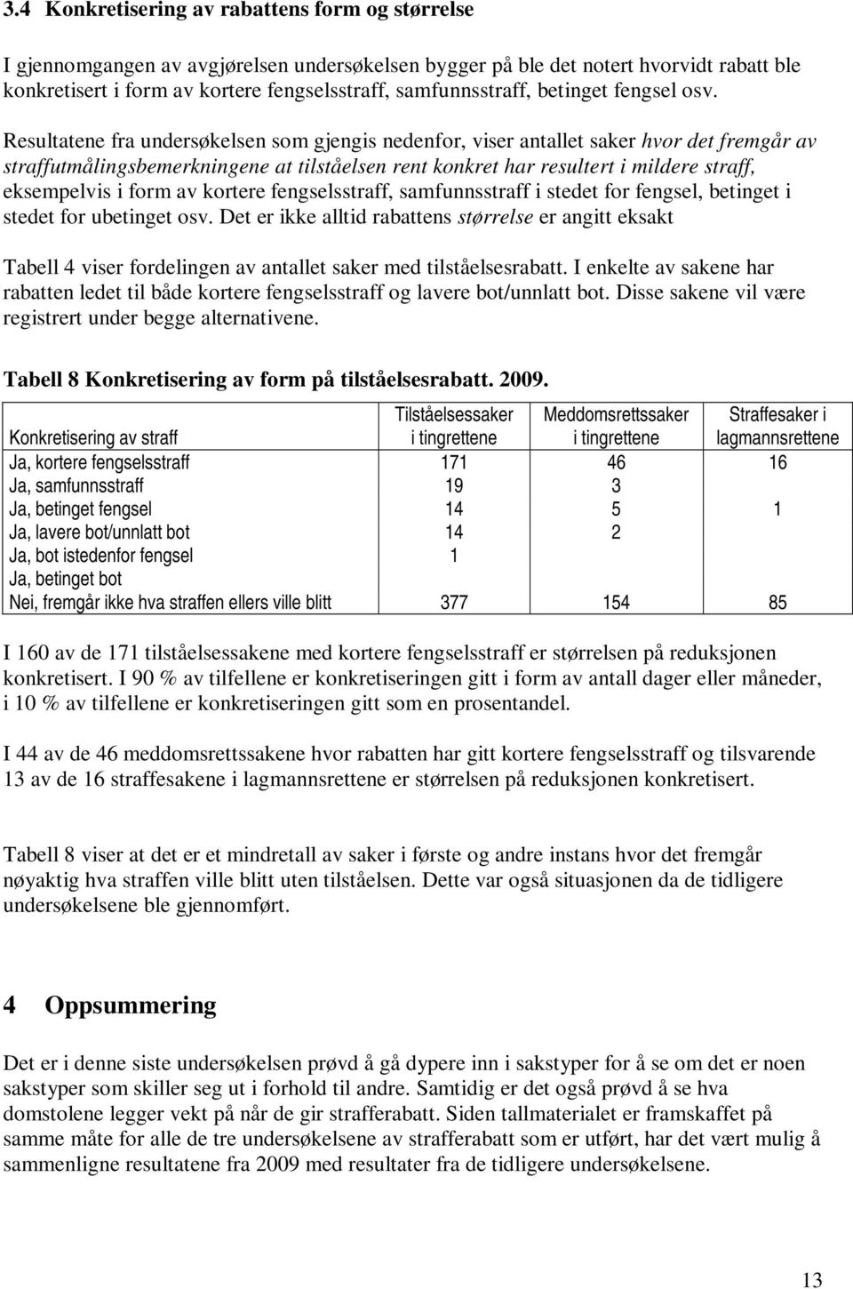 Resultatene fra undersøkelsen som gjengis nedenfor, viser antallet saker hvor det fremgår av straffutmålingsbemerkningene at tilståelsen rent konkret har resultert i mildere straff, eksempelvis i