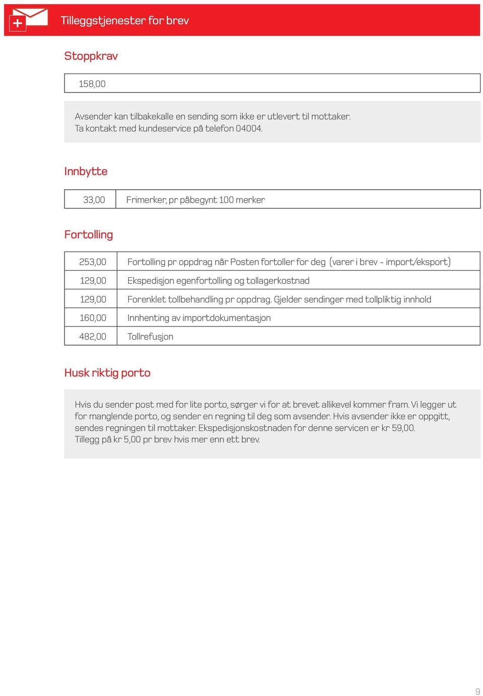 Innbytte 33,00 Frimerker, pr påbegynt 100 merker Fortolling 23,00 Fortolling pr oppdrag når Posten fortoller for deg (varer i brev - import/eksport) 129,00 Ekspedisjon egenfortolling og