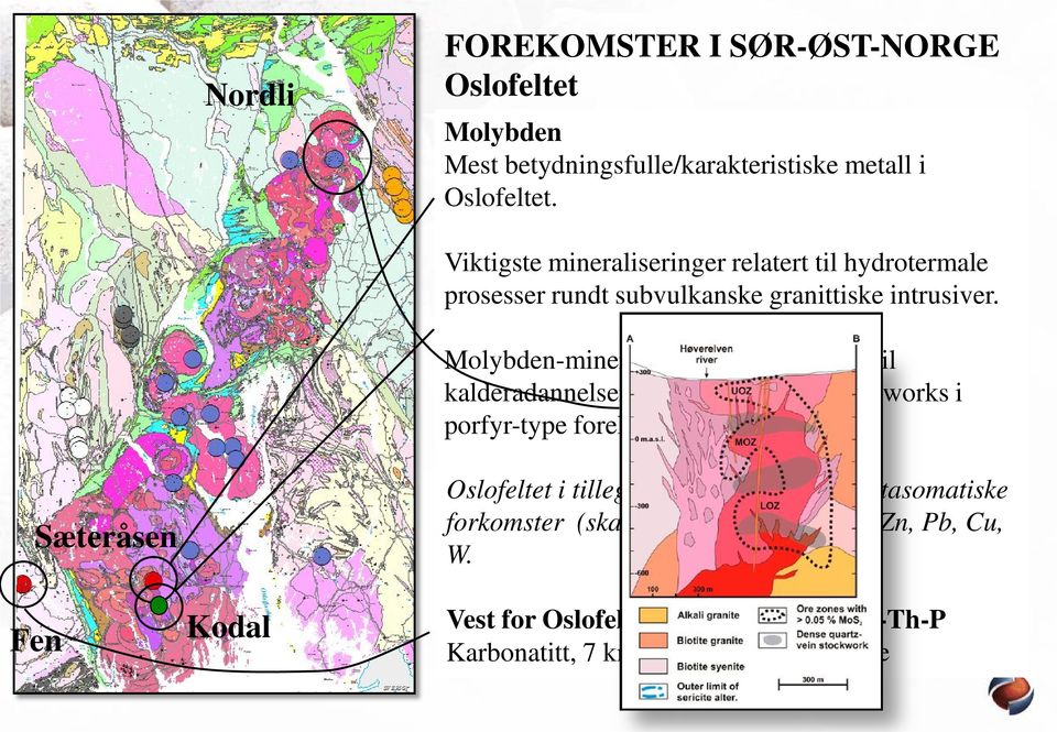 P-Ti-Fe Molybden-mineraliseringene Magmatiske forekomster knyttet er knyttet genetisk til til kalderadannelser dannelsen av Larvikitt-massivene.