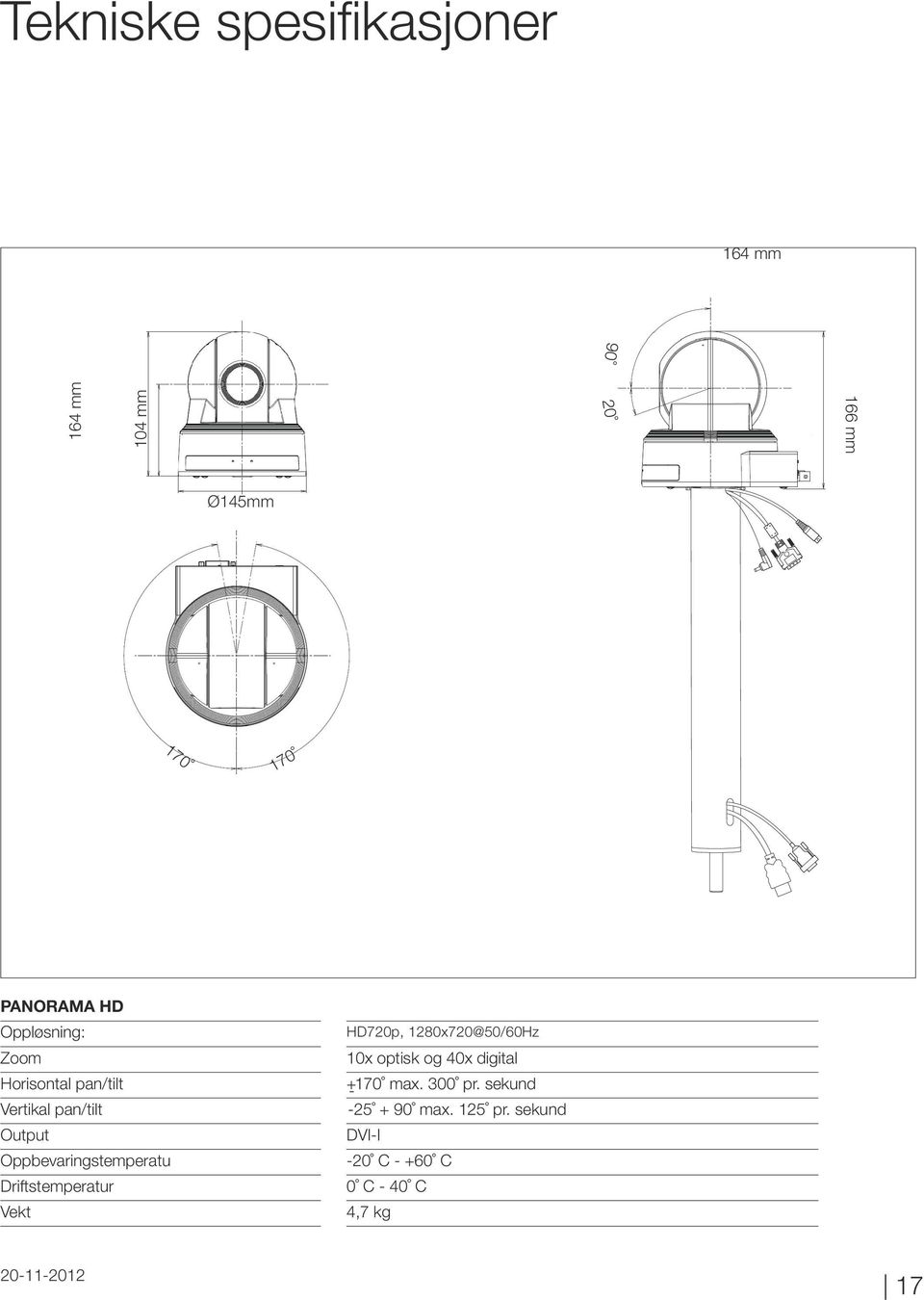 pan/tilt + - 170 max. 300 pr. sekund Vertikal pan/tilt -25 + 90 max. 125 pr.