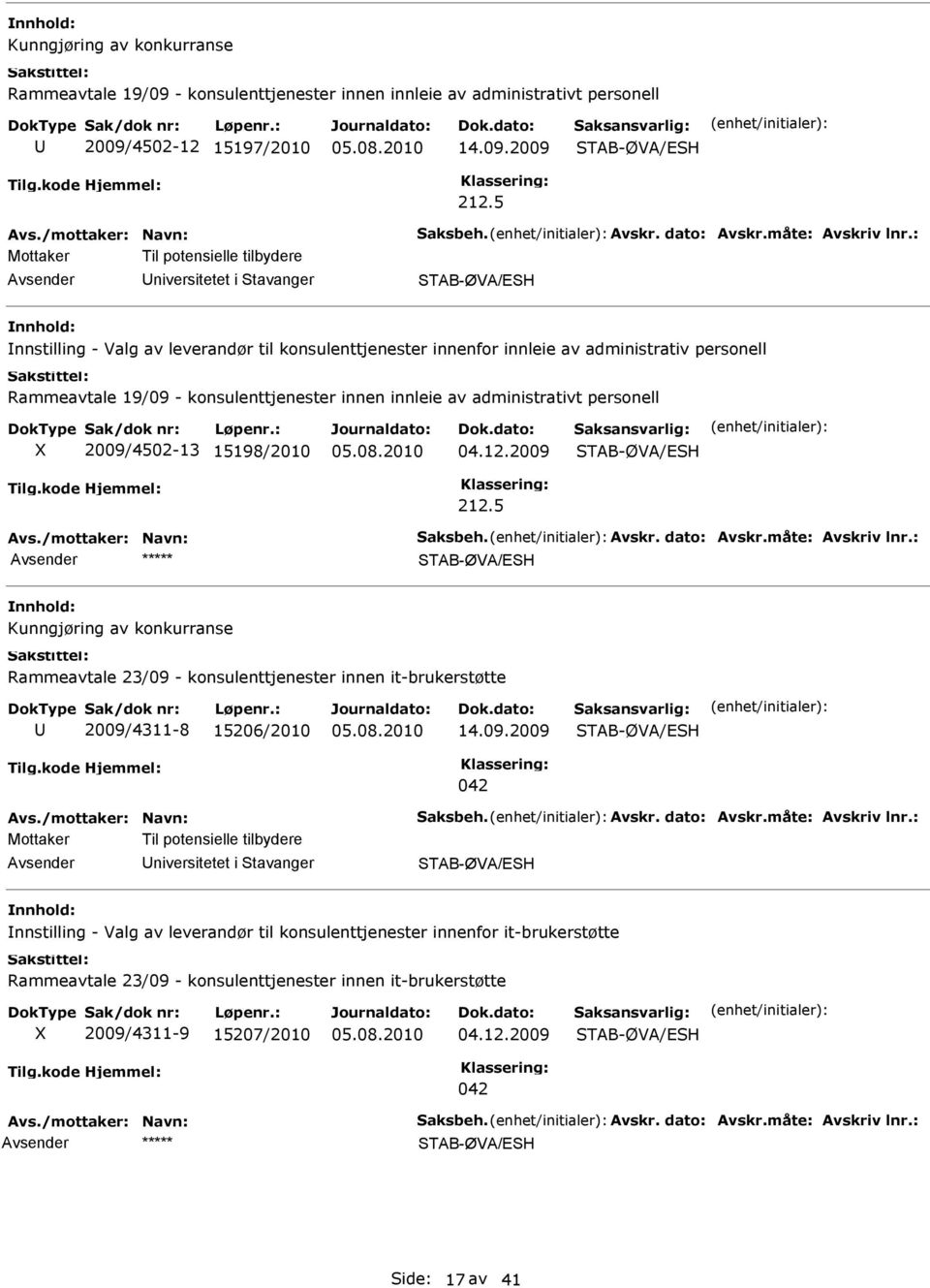 : Mottaker Til potensielle tilbydere niversitetet i Stavanger nnstilling - Valg av leverandør til konsulenttjenester innenfor innleie av administrativ personell Rammeavtale 19/09 - konsulenttjenester