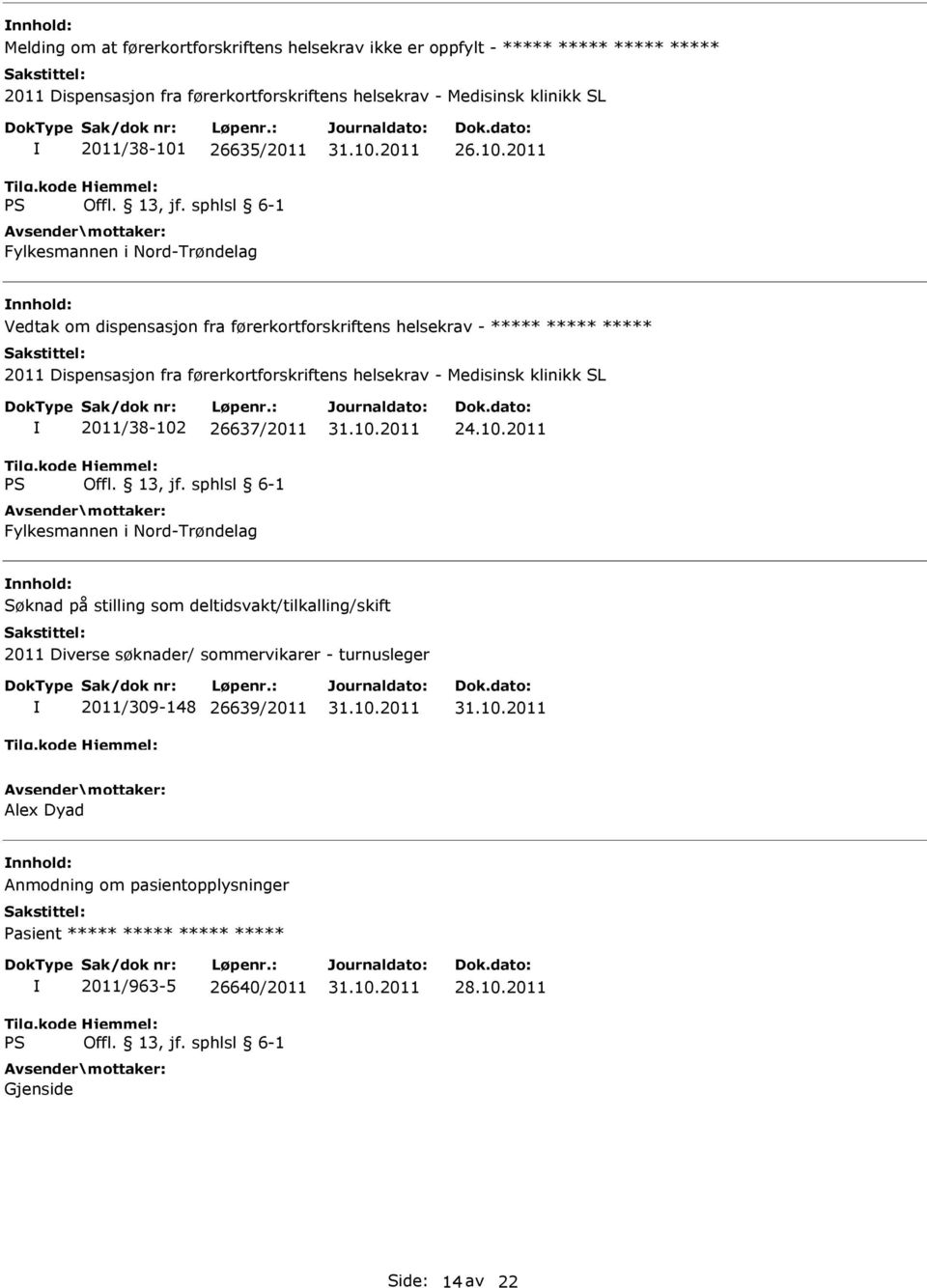 2011 Vedtak om dispensasjon fra førerkortforskriftens helsekrav - ***** ***** ***** 2011 Dispensasjon fra førerkortforskriftens helsekrav - Medisinsk klinikk SL 2011/38-102