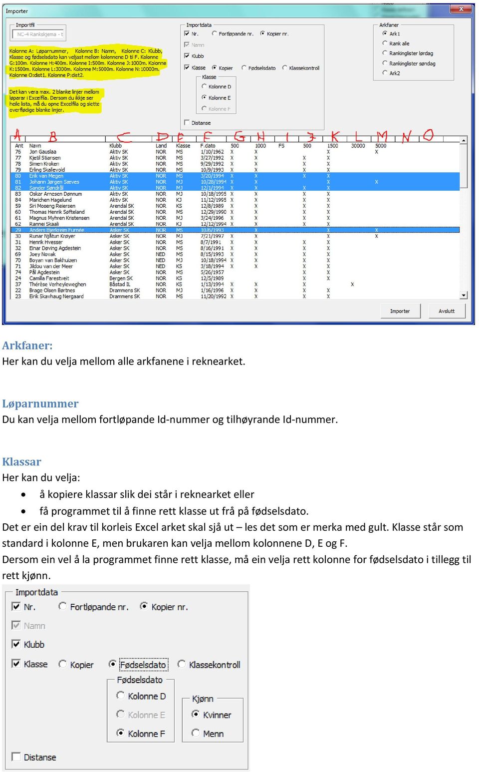 Det er ein del krav til korleis Excel arket skal sjå ut les det som er merka med gult.