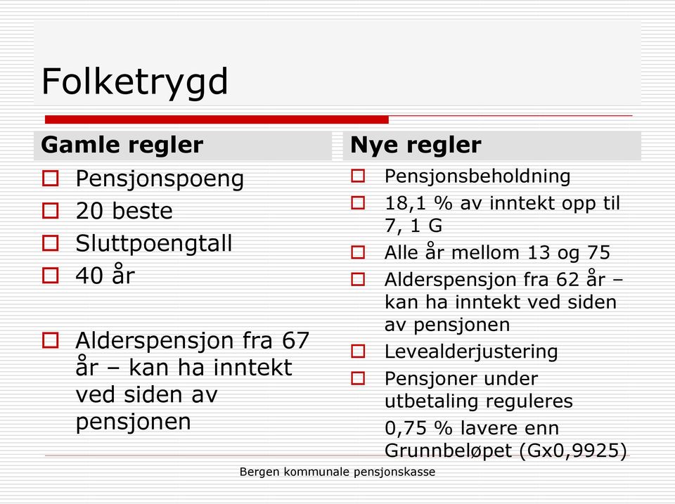 7, 1 G Alle år mellom 13 og 75 Alderspensjon fra 62 år kan ha inntekt ved siden av pensjonen