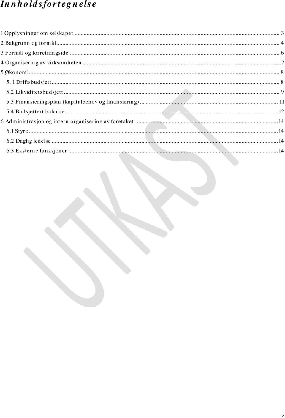 .. 9 5.3 Finansieringsplan (kapitalbehov og finansiering)... 11 5.4 Budsjettert balanse.