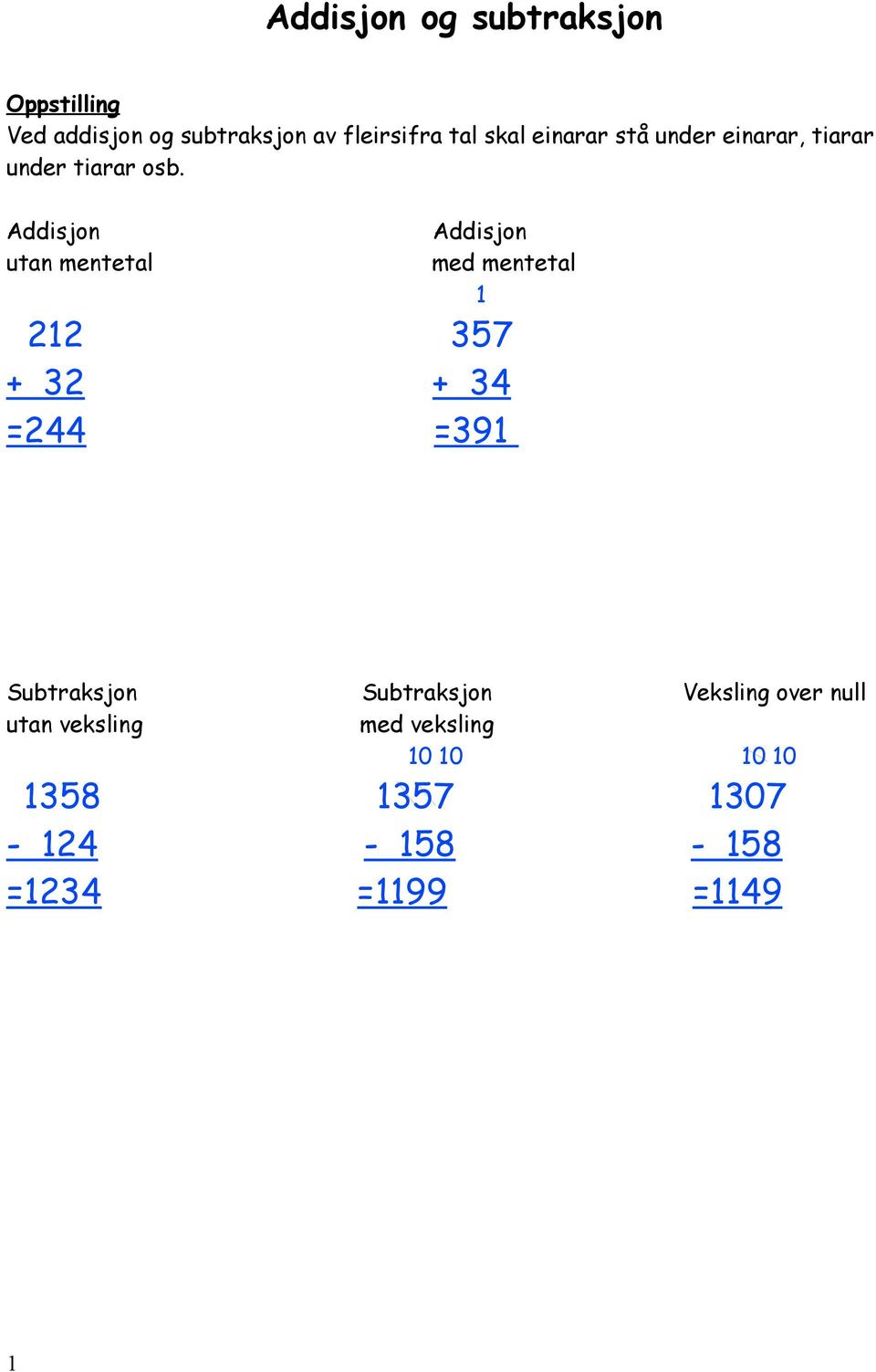 Addisjon utan mentetal Addisjon med mentetal 1 212 357 + 32 + 34 =244 =391