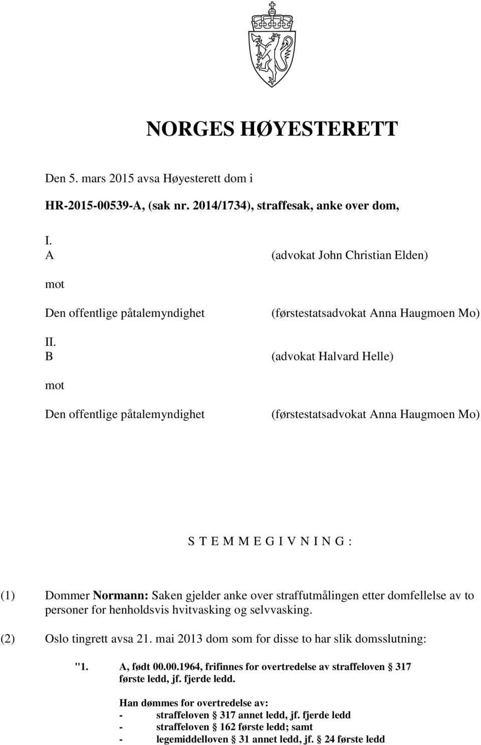 anke over straffutmålingen etter domfellelse av to personer for henholdsvis hvitvasking og selvvasking. (2) Oslo tingrett avsa 21. mai 2013 dom som for disse to har slik domsslutning: "1. A, født 00.