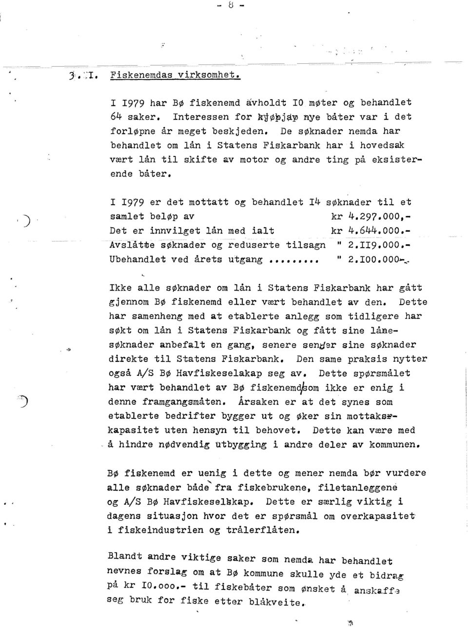 979 er det mottatt og behandet 4 søknader ti et samet beøp av kr 4.297.000,- Det er innviget ån med iat kr 4.644.000.- Avsåtte søknader og reduserte tisagn " 2.9.000. Ubehandet ved årets utgang,, " 2, OO.