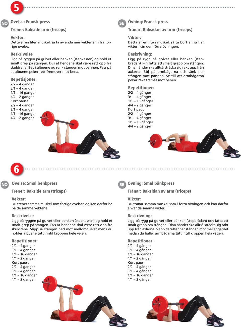 Pass på at albuene peker rett fremover mot bena. e Övning: Fransk press Tränar: Baksidan av arm (triceps) Detta är en liten muskel, så ta bort ännu fler vikter från den förra övningen.