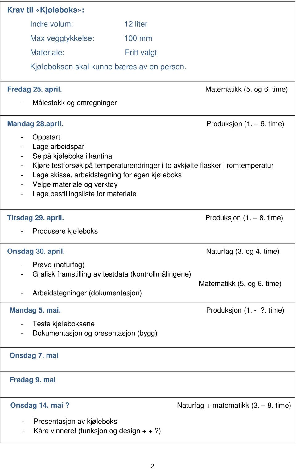 time) - Oppstart - Lage arbeidspar - Se på kjøleboks i kantina - Kjøre testforsøk på temperaturendringer i to avkjølte flasker i romtemperatur - Lage skisse, arbeidstegning for egen kjøleboks - Velge