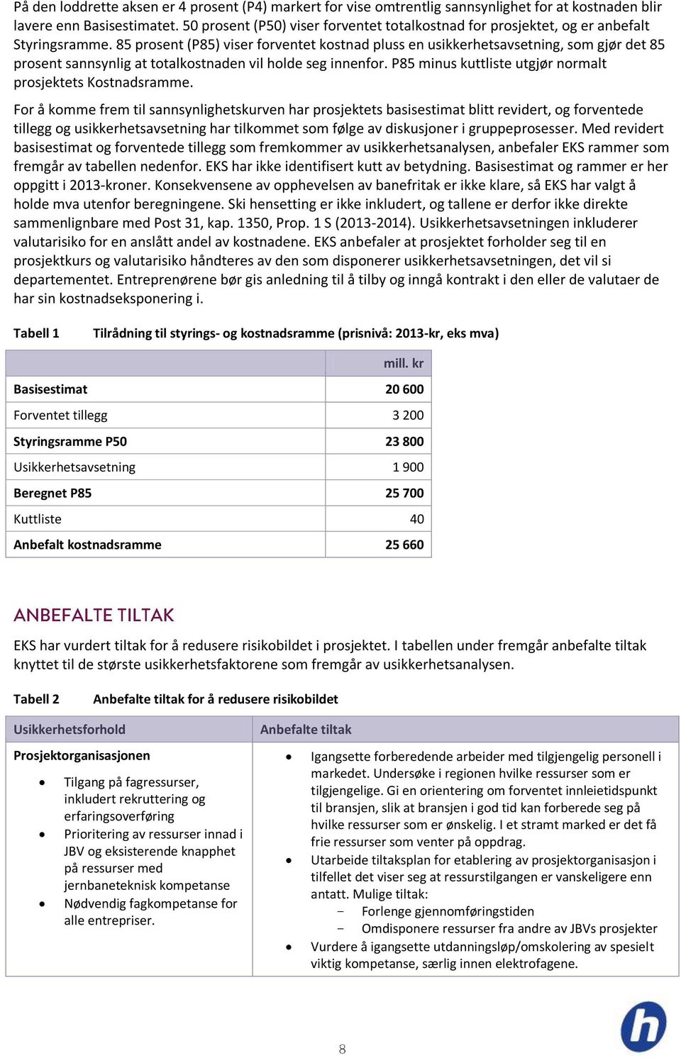 85 prosent (P85) viser forventet kostnad pluss en usikkerhetsavsetning, som gjør det 85 prosent sannsynlig at totalkostnaden vil holde seg innenfor.