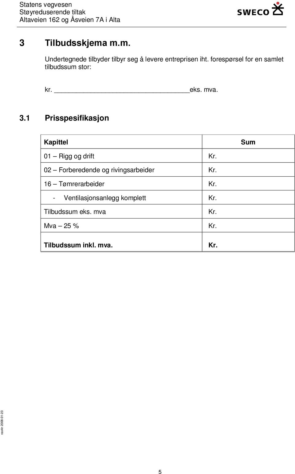 1 Prisspesifikasjon Kapittel Sum 01 Rigg og drift 02 Forberedende og