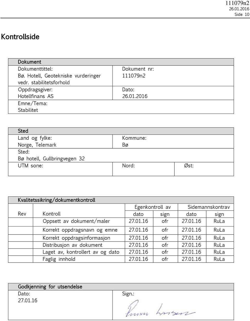 sone: Nord: Øst: Kvalitetssikring/dokumentkontroll Egenkontroll av Sidemannskontrav Rev Kontroll dato sign dato sign Oppsett av dokument/maler 27.01.16 ofr 27.01.16 RuLa Korrekt oppdragsnavn og emne 27.