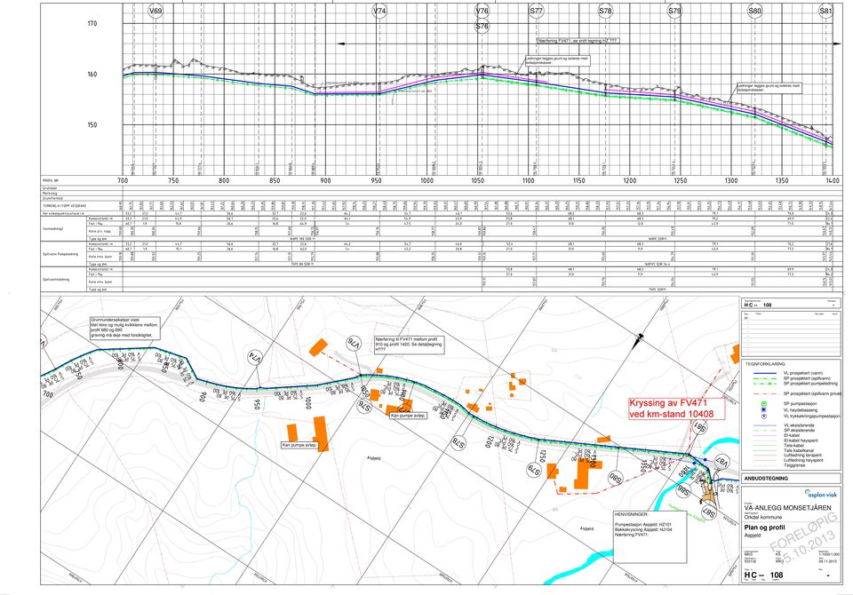 V76 Nærføring til FV471 mellom profil 910 og profil 1420. Se detaljtegning H??? 00 dato: V74 S76 S77 Kan pumpe avløp.
