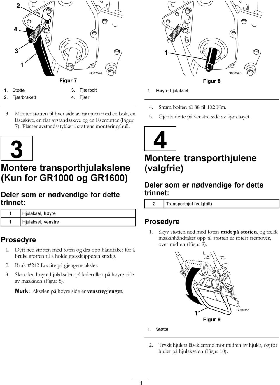 3 Montere transporthjulakslene (Kun for GR1000 og GR1600) Deler som er nødvendige for dette trinnet: 1 Hjulaksel, høyre 1 Hjulaksel, venstre Prosedyre 1.