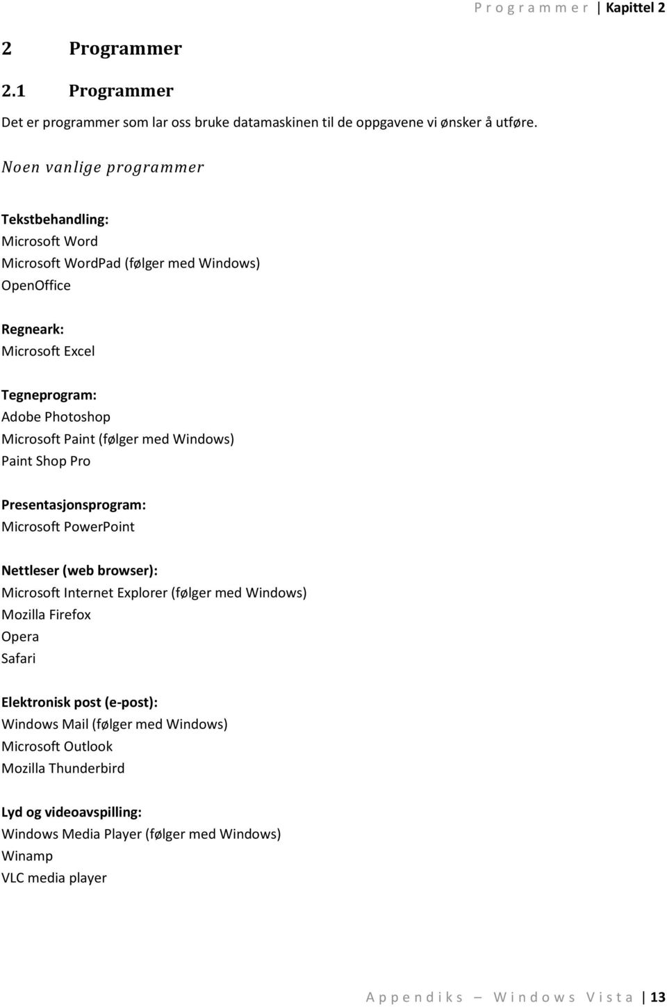 (følger med Windows) Paint Shop Pro Presentasjonsprogram: Microsoft PowerPoint Nettleser (web browser): Microsoft Internet Explorer (følger med Windows) Mozilla Firefox Opera
