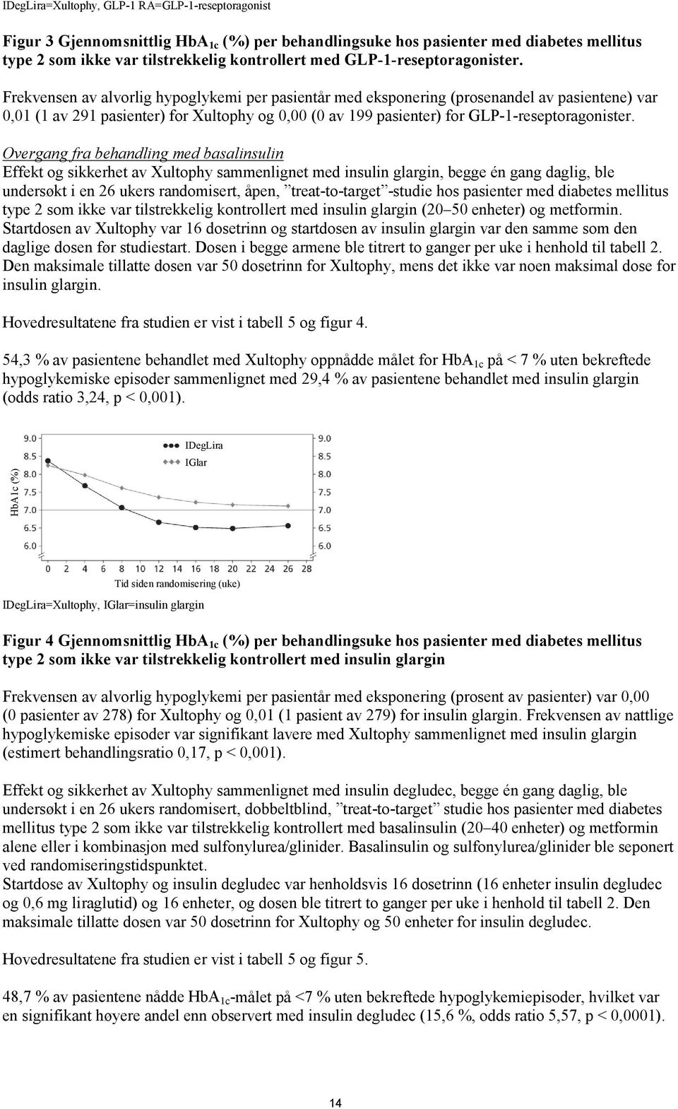 Frekvensen av alvorlig hypoglykemi per pasientår med eksponering (prosenandel av pasientene) var 0,01 (1 av 291 pasienter) for Xultophy og 0,00 (0 av 199 pasienter) for  Overgang fra behandling med