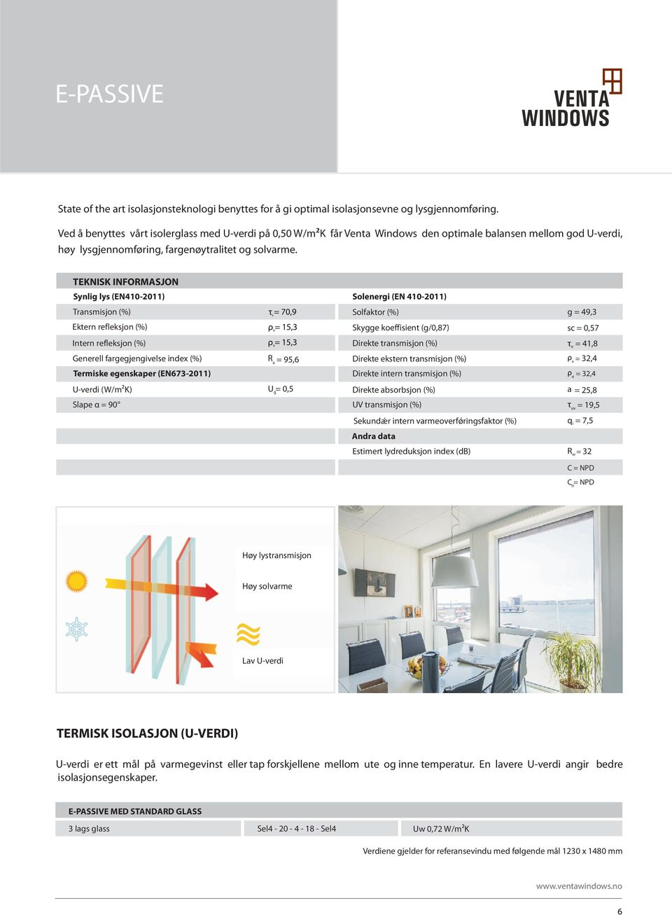 TEKNISK INFORMASJON Synlig lys (EN410-2011) Solenergi (EN 410-2011) Transmisjon (%) Ektern refleksjon (%) Intern refleksjon (%) Generell fargegjengivelse index (%) Termiske egenskaper (EN673-2011)