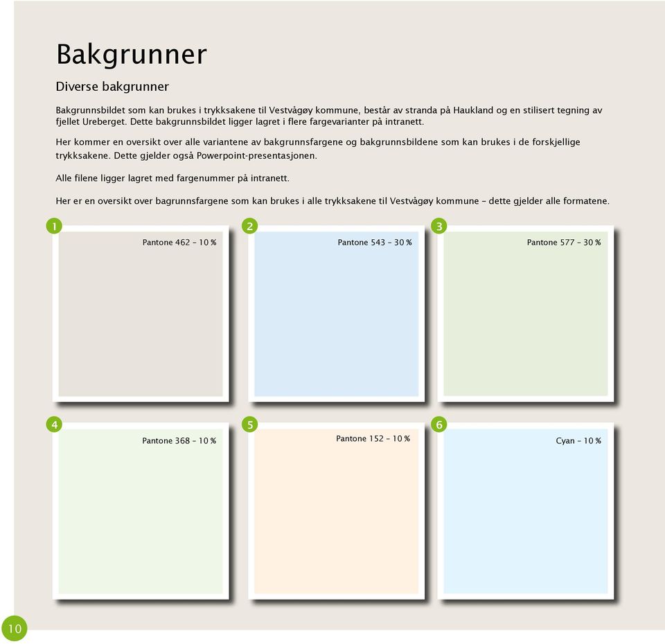 Her kommer en oversikt over alle variantene av bakgrunnsfargene og bakgrunnsbildene som kan brukes i de forskjellige trykksakene. Dette gjelder også Powerpoint-presentasjonen.