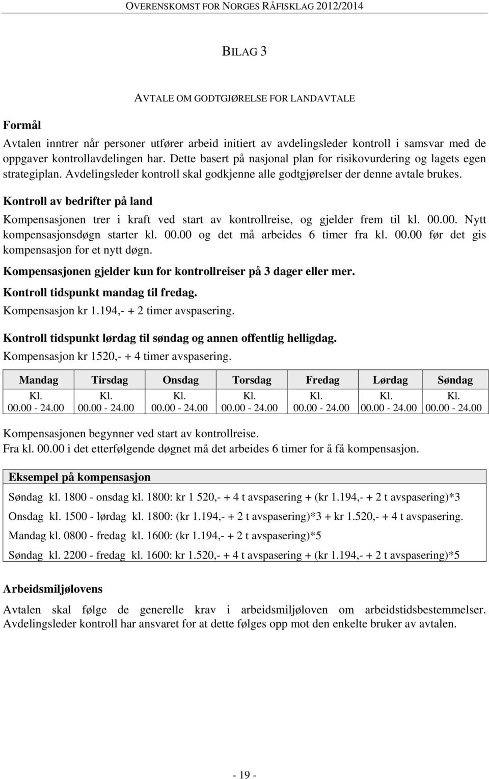 Kontroll av bedrifter på land Kompensasjonen trer i kraft ved start av kontrollreise, og gjelder frem til kl. 00.00. Nytt kompensasjonsdøgn starter kl. 00.00 og det må arbeides 6 timer fra kl. 00.00 før det gis kompensasjon for et nytt døgn.