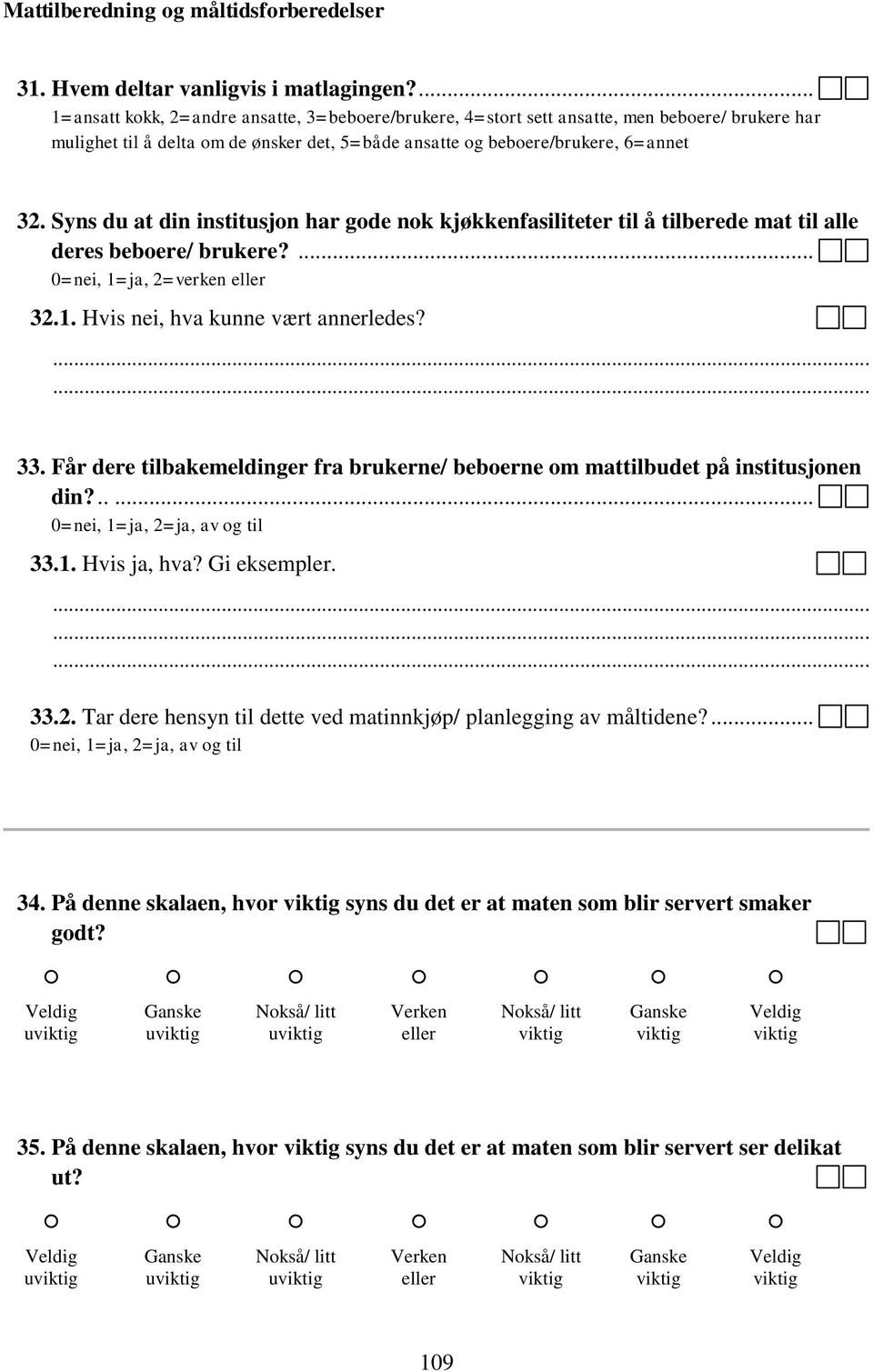 Syns du at din institusjon har gode nok kjøkkenfasiliteter til å tilberede mat til alle deres beboere/ brukere?... 0=nei, 1=ja, 2=verken 32.1. Hvis nei, hva kunne vært annerledes? 33.