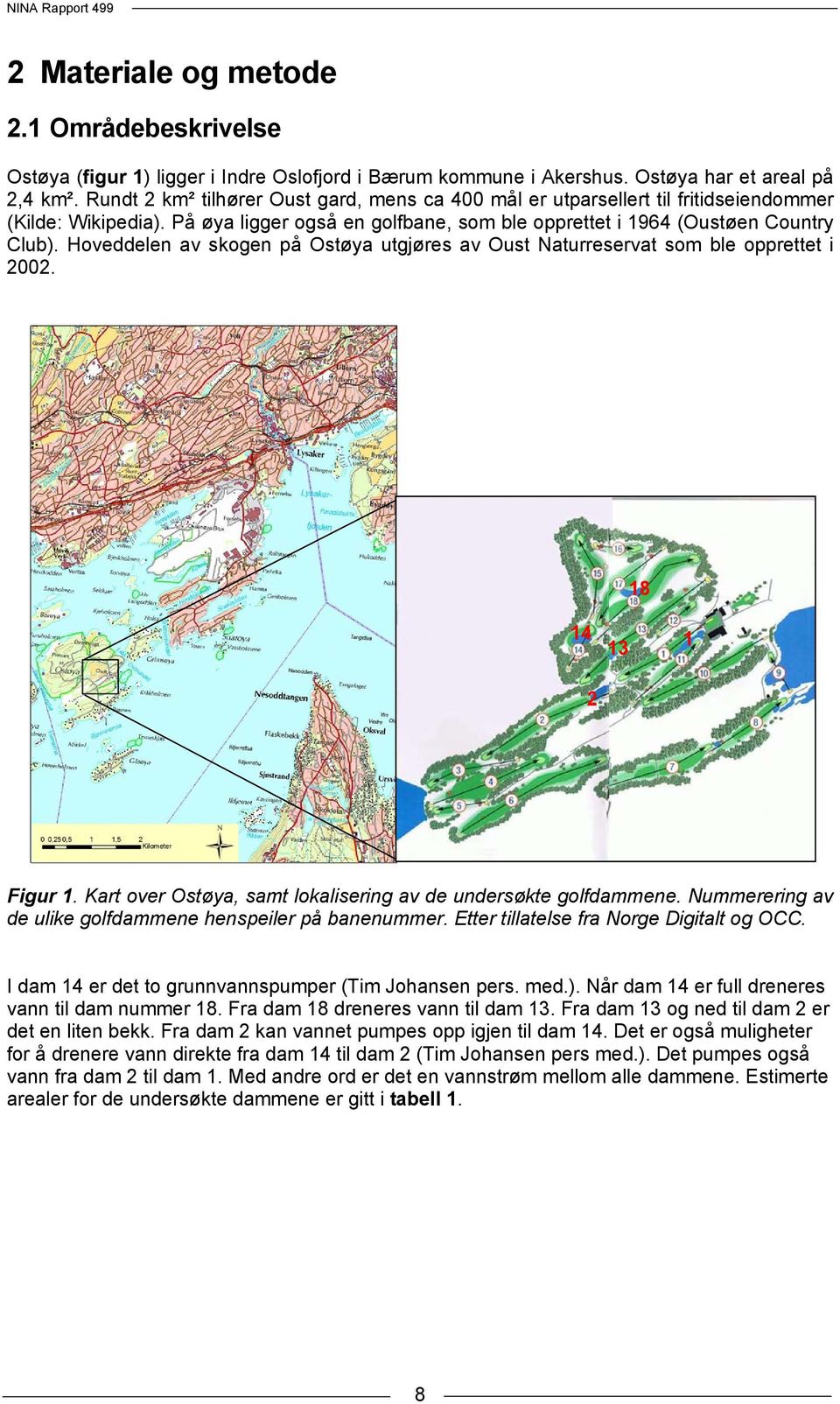 Hoveddelen av skogen på Ostøya utgjøres av Oust Naturreservat som ble opprettet i 2002. 18 14 2 13 1 Figur 1. Kart over Ostøya, samt lokalisering av de undersøkte golfdammene.
