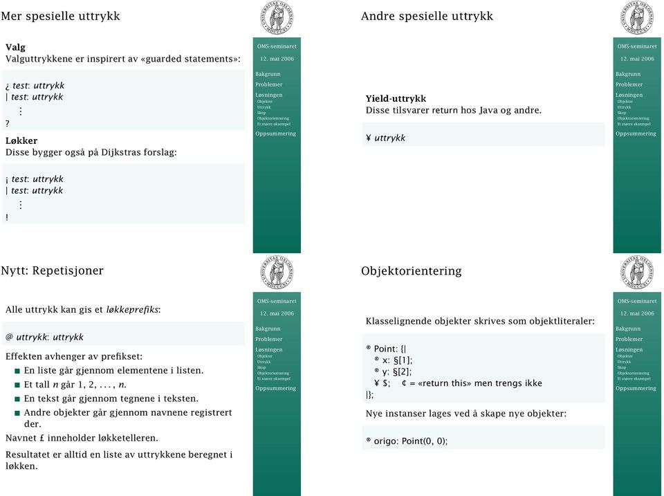 . Nytt: Repetisjoner Alle uttrykk kan gis et løkkeprefiks: @ uttrykk: uttrykk Effekten avhenger av prefikset: En liste går gjennom elementene i listen. Et tall n går 1, 2,..., n.