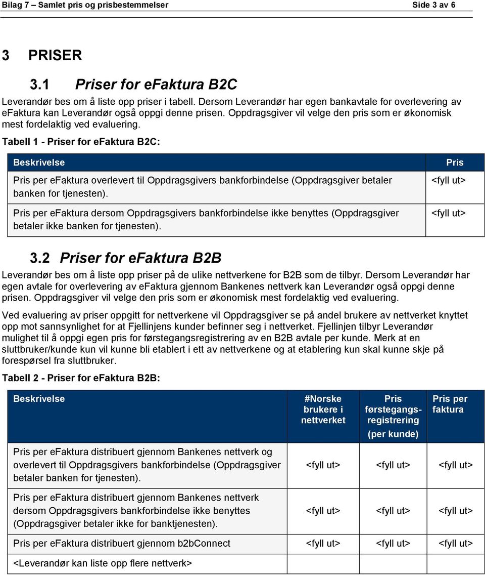 Tabell 1 - er for efaktura B2C: per efaktura overlevert til Oppdragsgivers bankforbindelse (Oppdragsgiver betaler banken for tjenesten).