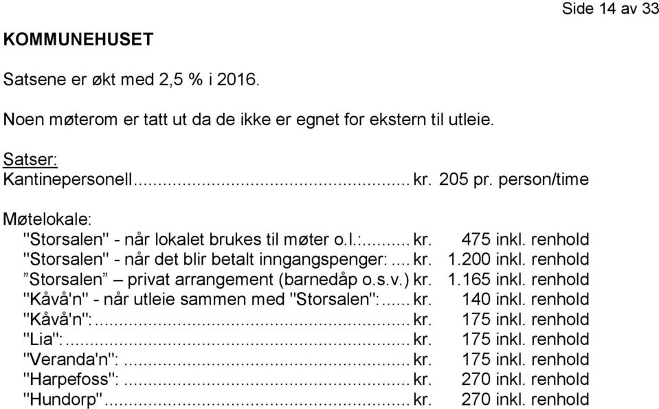 200 inkl. renhold Storsalen privat arrangement (barnedåp o.s.v.) kr. 1.165 inkl. renhold "Kåvå'n" - når utleie sammen med "Storsalen":... kr. 140 inkl.
