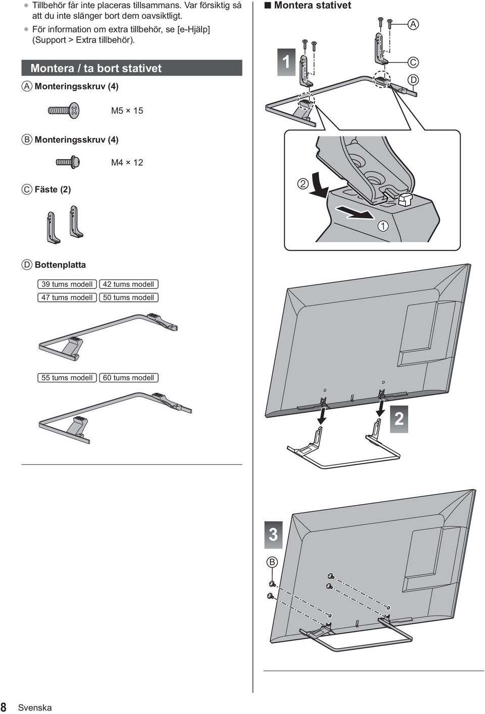 Montera / ta bort stativet A Monteringsskruv (4) Montera stativet 1 A C D M5 15 B Monteringsskruv (4) M4