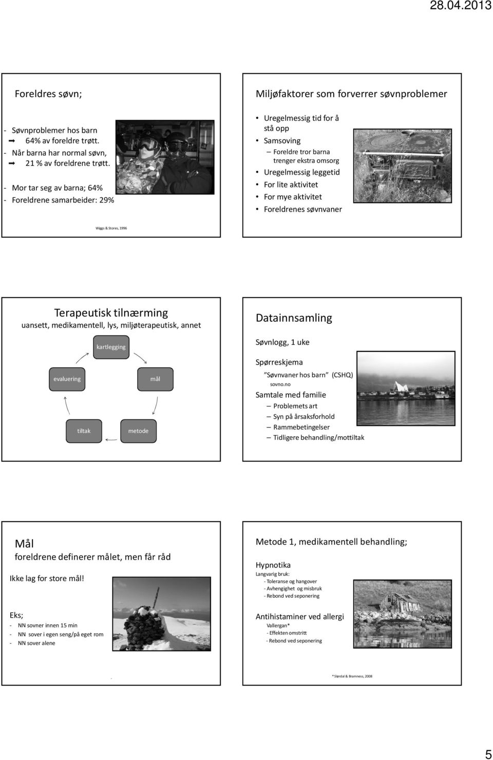 leggetid For lite aktivitet For mye aktivitet Foreldrenes søvnvaner Wiggs& Stores, 1996 Terapeutisk tilnærming uansett, medikamentell, lys, miljøterapeutisk, annet kartlegging Datainnsamling