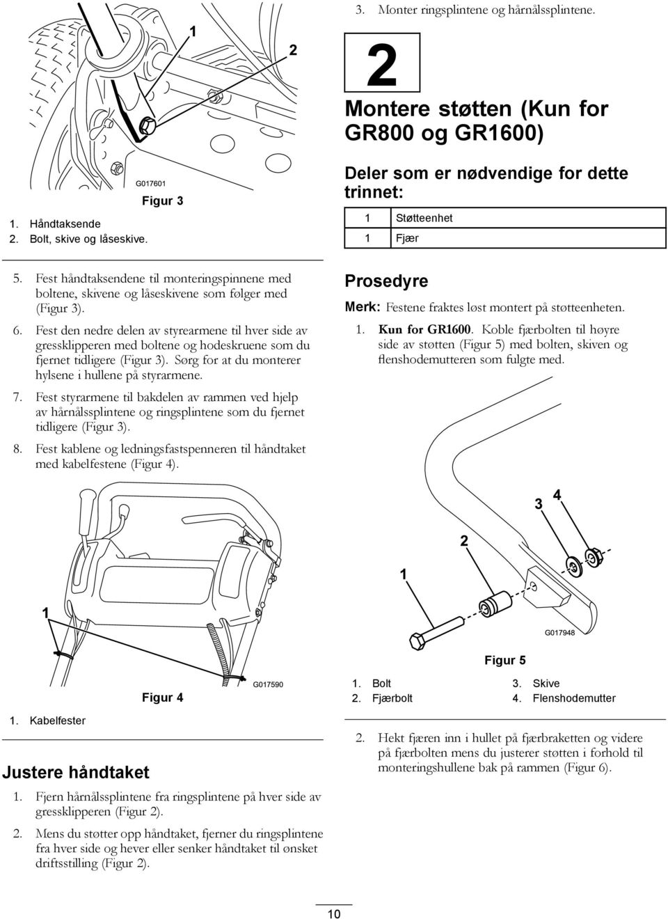 Fest den nedre delen av styrearmene til hver side av gressklipperen med boltene og hodeskruene som du fjernet tidligere (Figur 3). Sørg for at du monterer hylsene i hullene på styrarmene. 7.