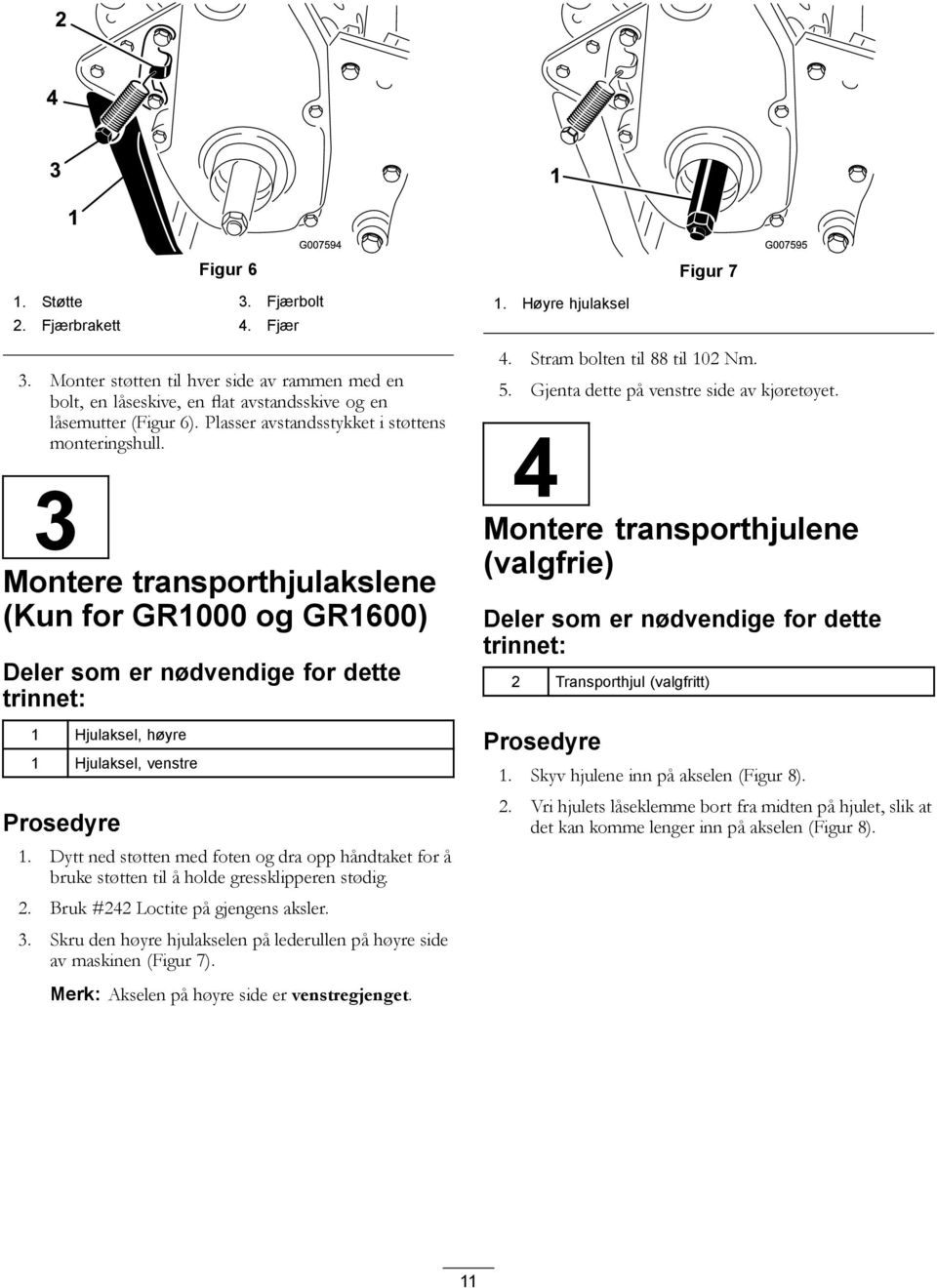 3 Montere transporthjulakslene (Kun for GR1000 og GR1600) Deler som er nødvendige for dette trinnet: 1 Hjulaksel, høyre 1 Hjulaksel, venstre Prosedyre 1.