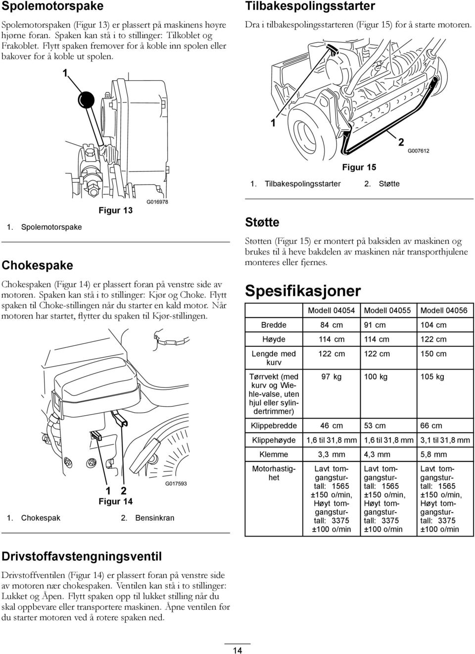 Tilbakespolingsstarter 2. Støtte 1. Spolemotorspake Chokespake Figur 13 G016978 Chokespaken (Figur 14) er plassert foran på venstre side av motoren. Spaken kan stå i to stillinger: Kjør og Choke.