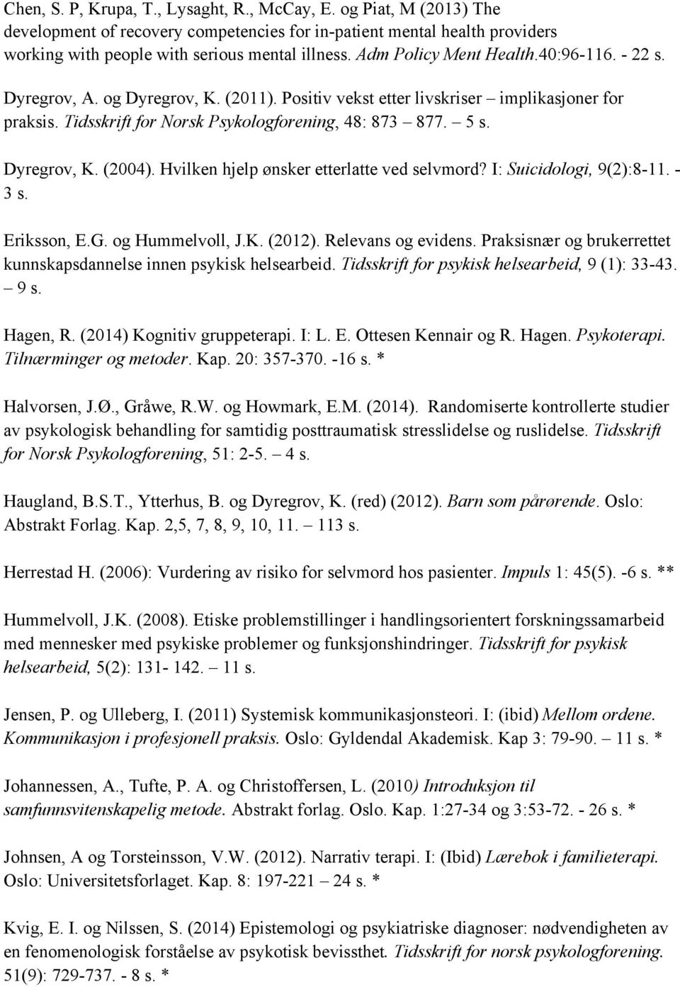 Dyregrov, K. (2004). Hvilken hjelp ønsker etterlatte ved selvmord? I: Suicidologi, 9(2):8-11. - 3 s. Eriksson, E.G. og Hummelvoll, J.K. (2012). Relevans og evidens.