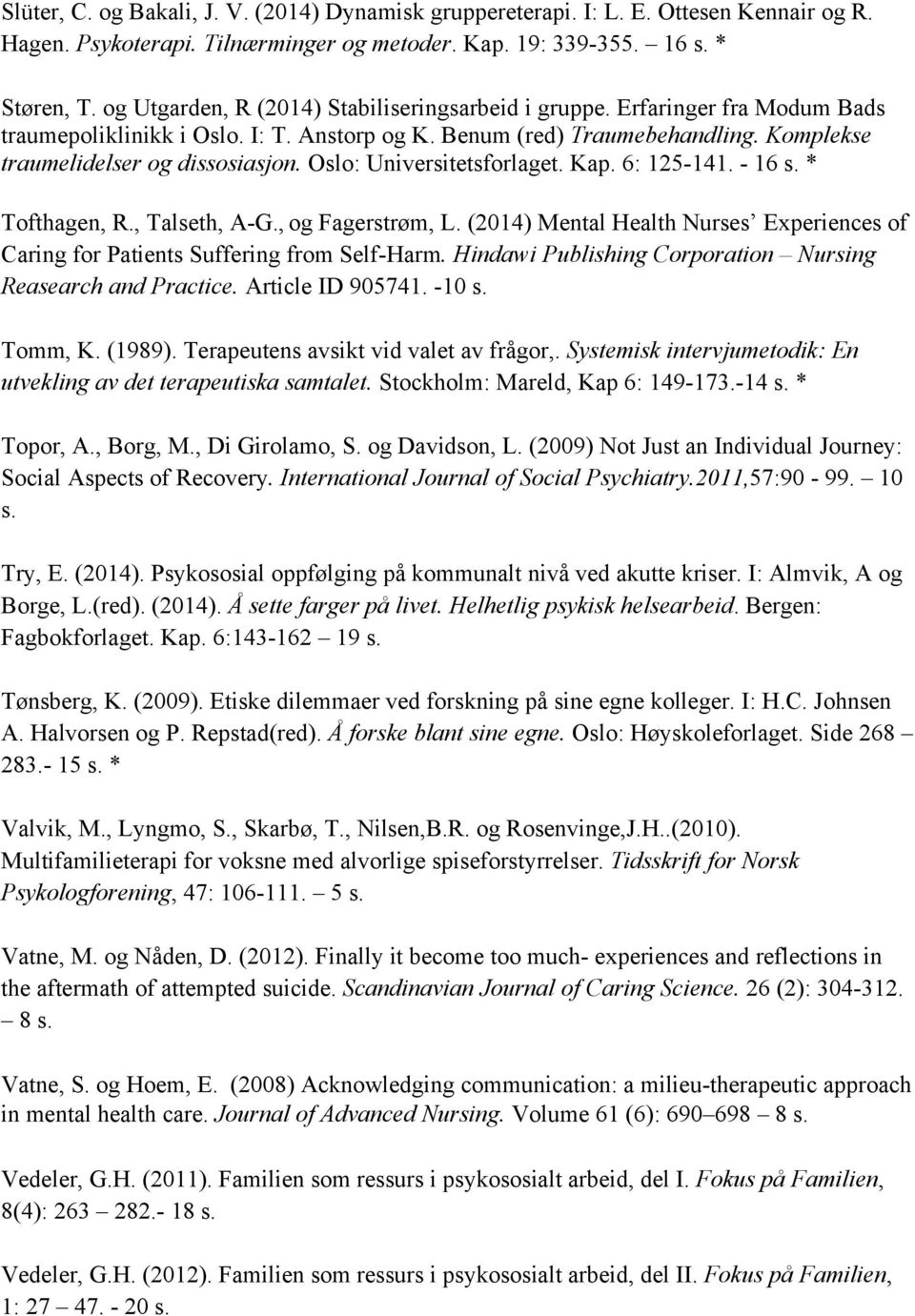 Oslo: Universitetsforlaget. Kap. 6: 125-141. - 16 s. * Tofthagen, R., Talseth, A-G., og Fagerstrøm, L. (2014) Mental Health Nurses Experiences of Caring for Patients Suffering from Self-Harm.