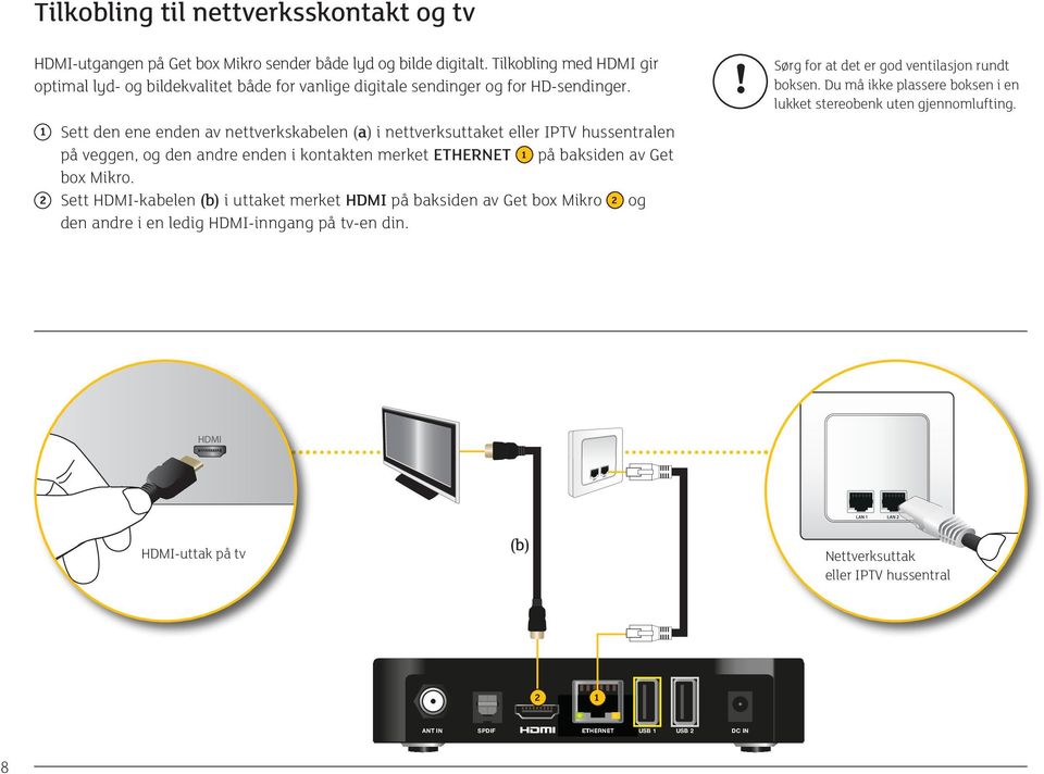 1 Sett den ene enden av nettverkskabelen (a) i nettverksuttaket eller IPTV hussentralen på veggen, og den andre enden i kontakten merket ETHERNET 1 på baksiden av Get box Mikro.