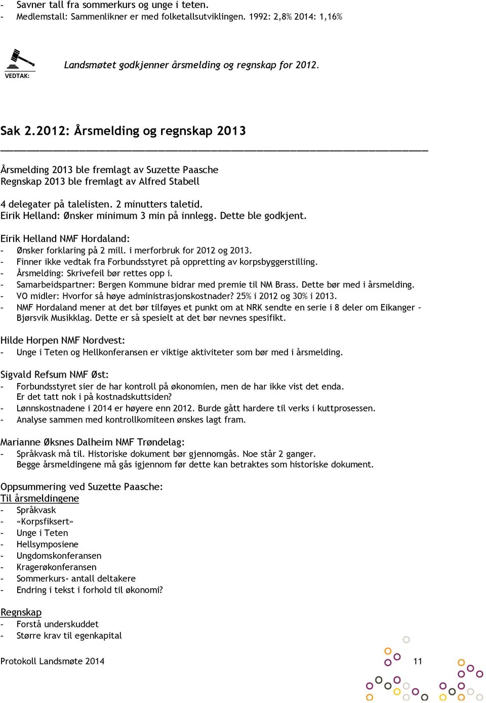 Eirik Helland: Ønsker minimum 3 min på innlegg. Dette ble godkjent. Eirik Helland NMF Hordaland: - Ønsker forklaring på 2 mill. i merforbruk for 2012 og 2013.