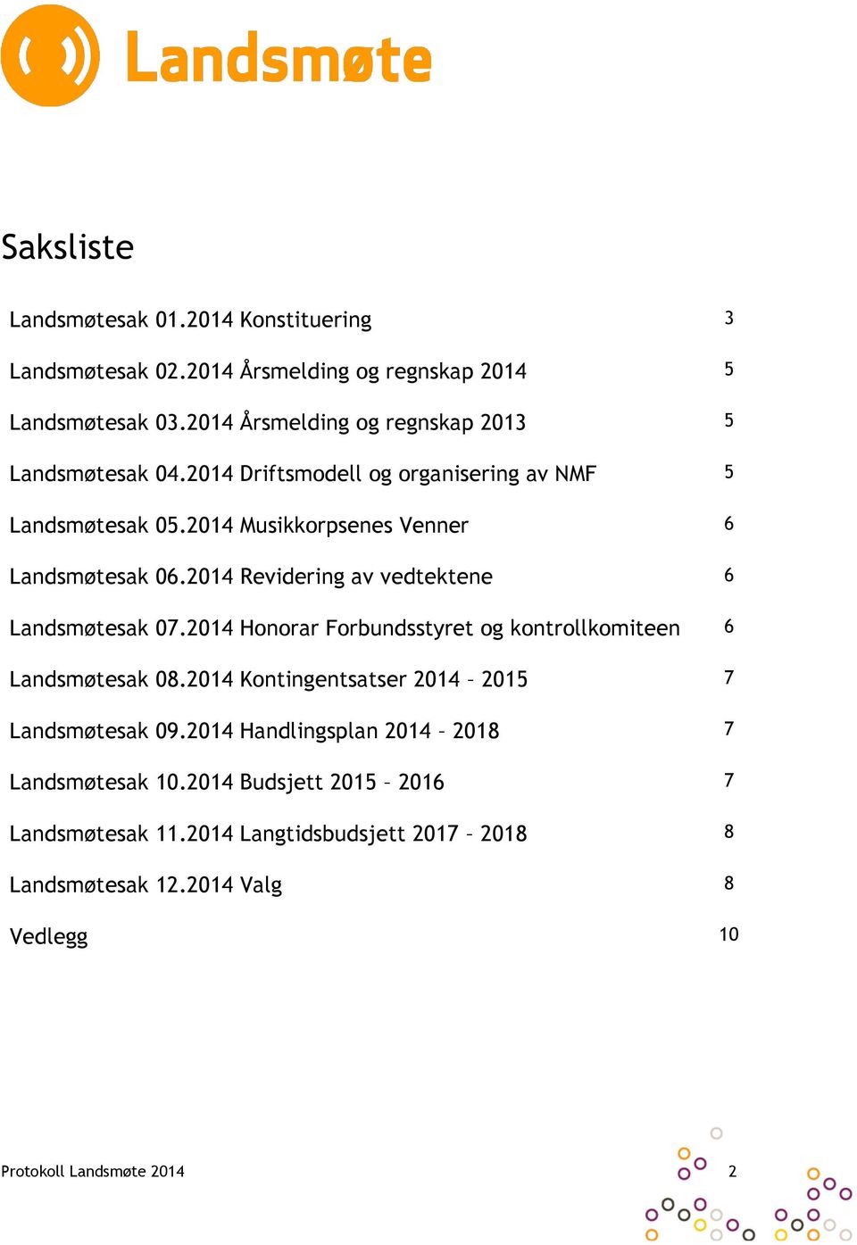 2014 Revidering av vedtektene 6 Landsmøtesak 07.2014 Honorar Forbundsstyret og kontrollkomiteen 6 Landsmøtesak 08.