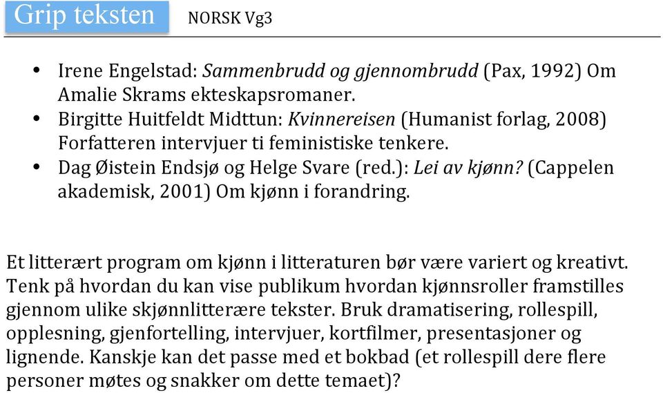 (Cappelen akademisk, 2001) Om kjønn i forandring. Et litterært program om kjønn i litteraturen bør være variert og kreativt.