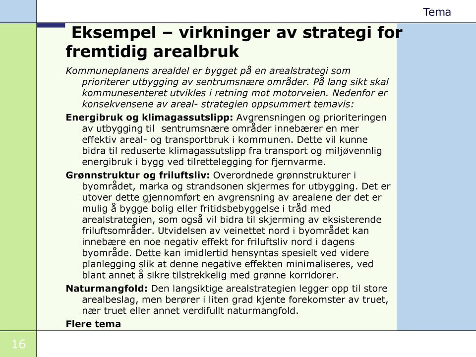 Nedenfor er konsekvensene av areal- strategien oppsummert temavis: Energibruk og klimagassutslipp: Avgrensningen og prioriteringen av utbygging til sentrumsnære områder innebærer en mer effektiv