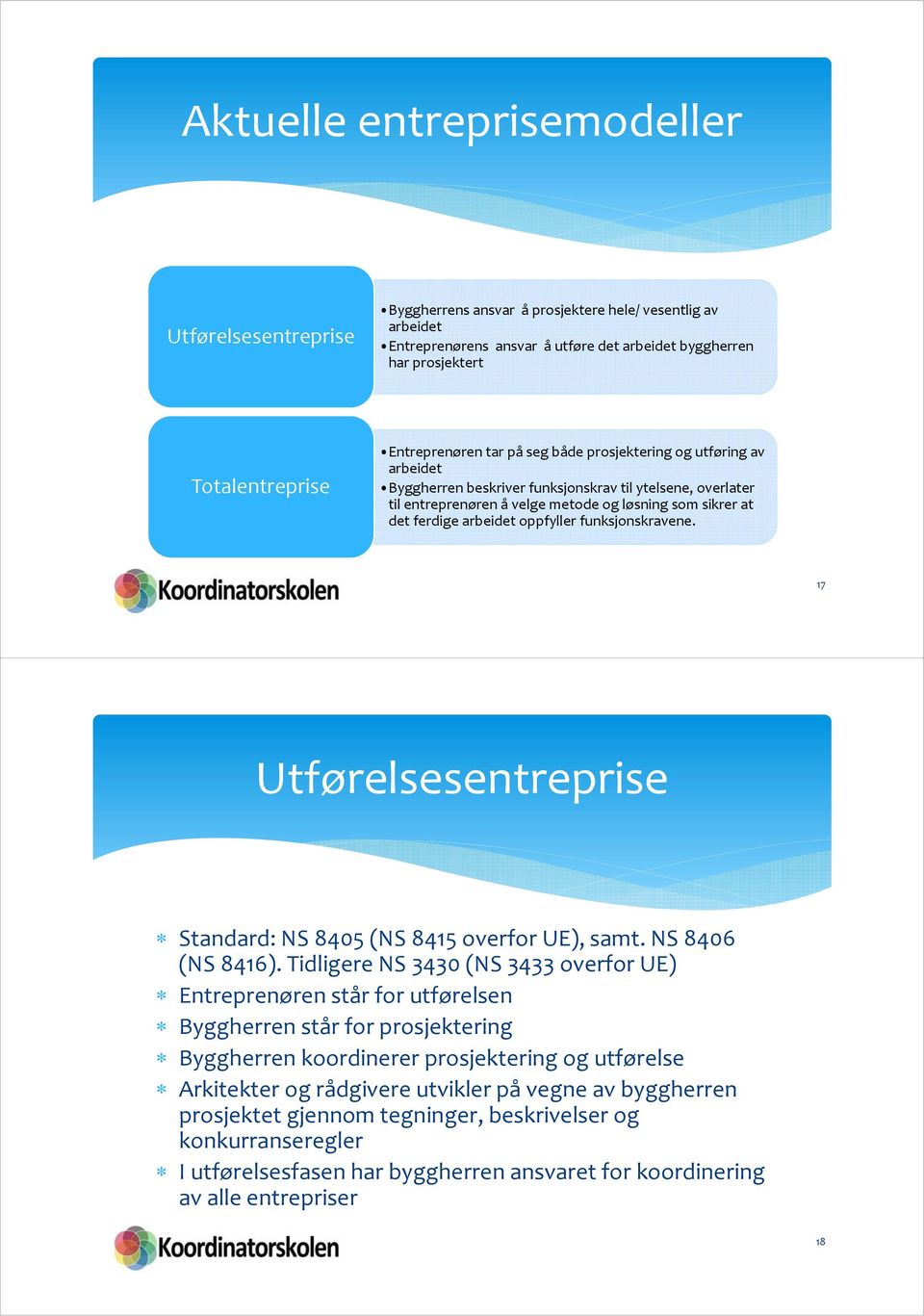 arbeidet oppfyller funksjonskravene. 17 Utførelsesentreprise Standard: NS 8405 (NS 8415 overfor UE), samt. NS 8406 (NS 8416).