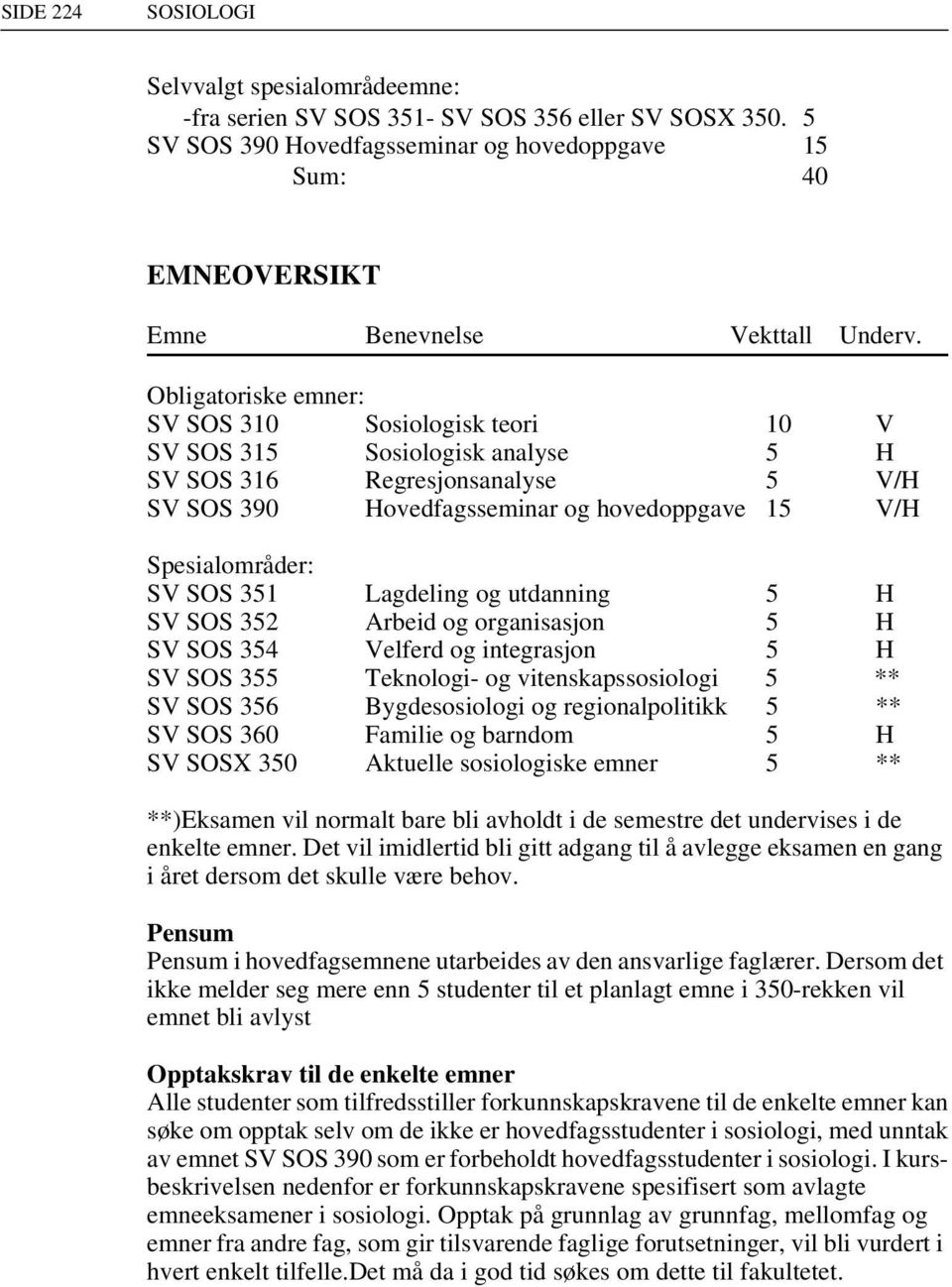 351 Lagdeling og utdanning 5 H SV SOS 352 Arbeid og organisasjon 5 H SV SOS 354 Velferd og integrasjon 5 H SV SOS 355 Teknologi- og vitenskapssosiologi 5 ** SV SOS 356 Bygdesosiologi og